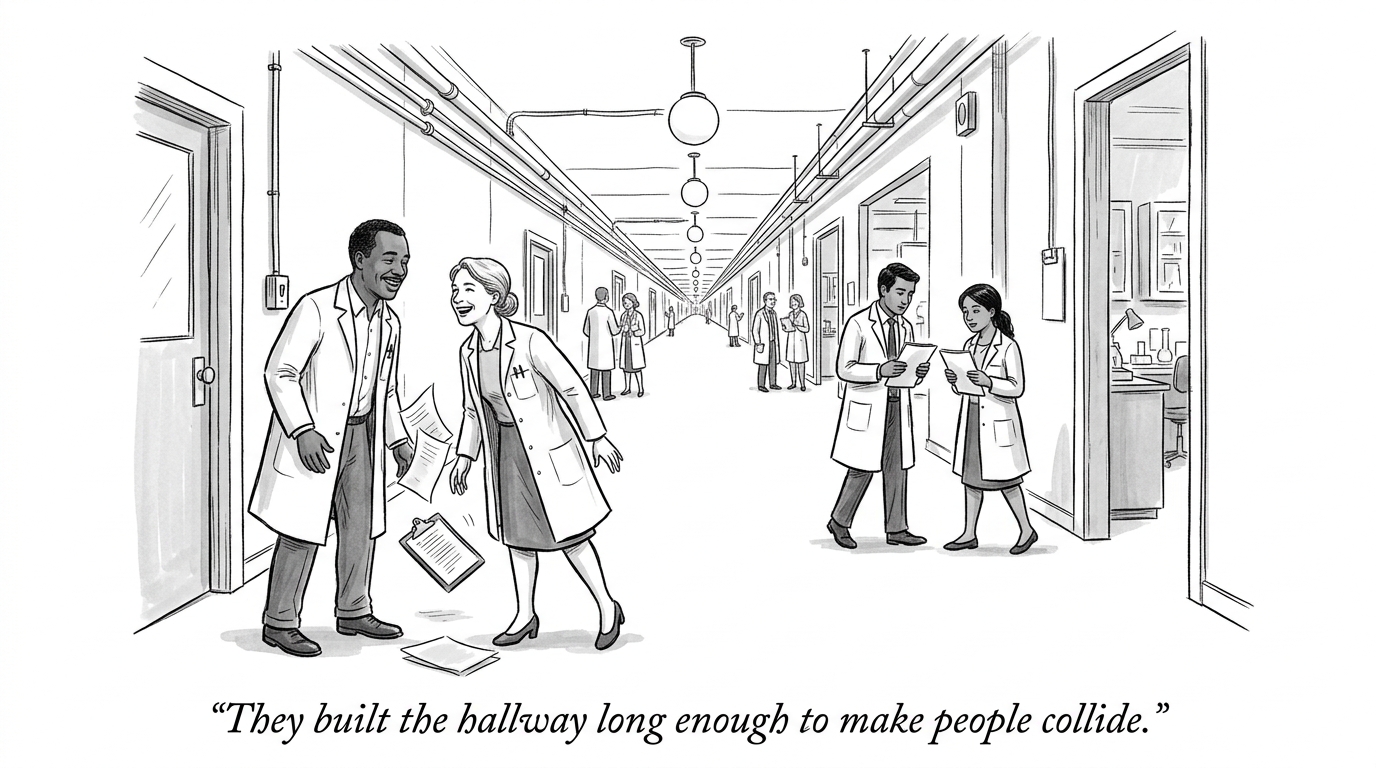 Image for &ldquo;Bell Labs Built a 700-Foot Hallway on Purpose in 1941. It Produced the Transistor and a Nobel Prize. Xerox Built the Room That Produced the Macintosh -- and Its Own People Never Saw It.&rdquo;