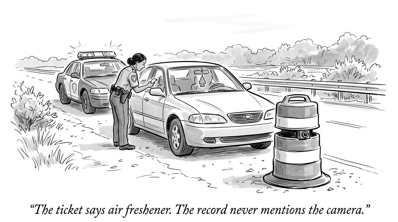 Image for &ldquo;A Camera Hidden Inside a Fake Construction Barrel Flags Your Car as "Suspicious." A Federal Agent Tells a Local Cop to Pull You Over. The Ticket Says Dangling Air Freshener. The Record Never Mentions the Camera At All.&rdquo;