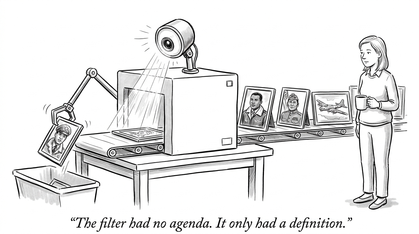 Image for &ldquo;An Automated Filter Flagged the Enola Gay for Deletion Because Its Name Contains "Gay." It Also Caught Jackie Robinson, the Navajo Code Talkers, and the Tuskegee Airmen -- Because a Policy Had Already Defined Their History as the Thing to Remove.&rdquo;