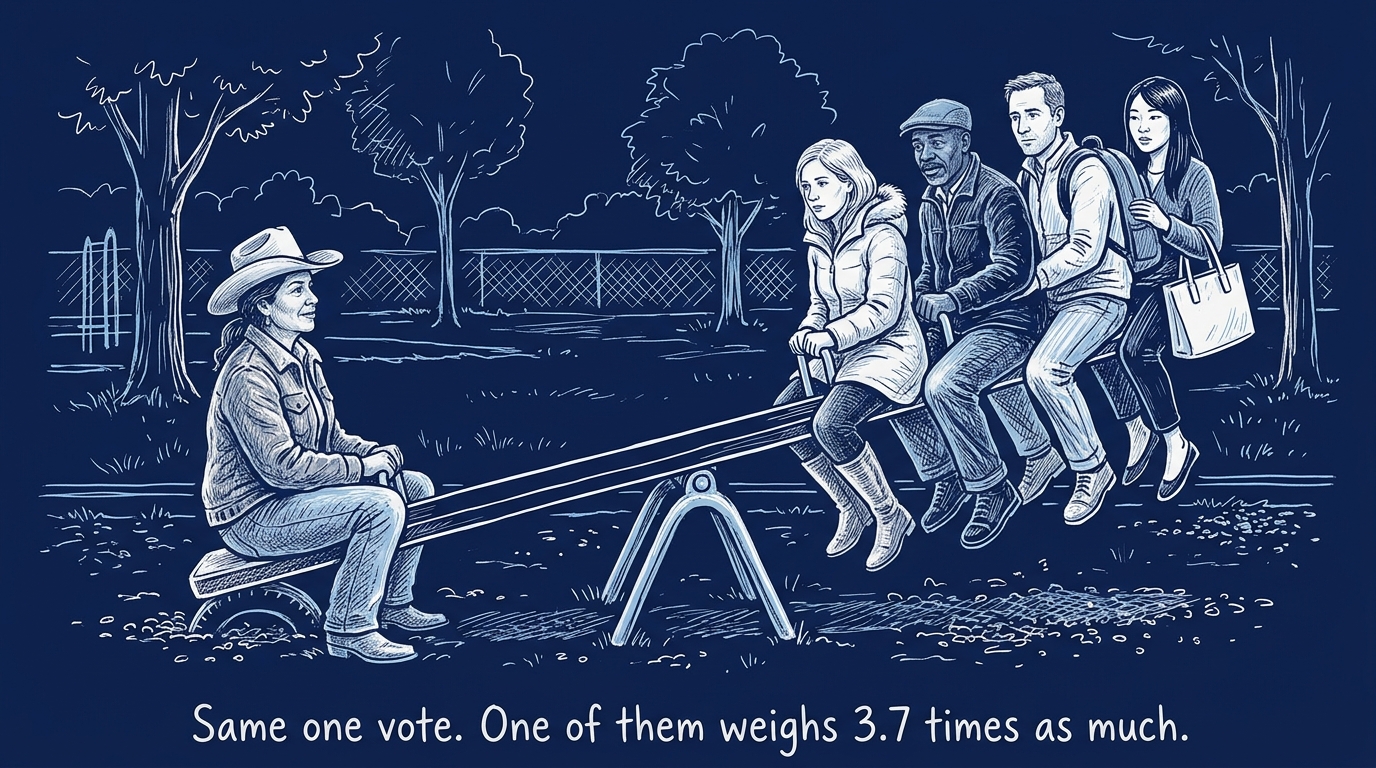 Image for &ldquo;The Electoral College Needs 270 Votes to Decide a President. A Vote in Wyoming Is Worth 3.7 Times a Vote in California.&rdquo;