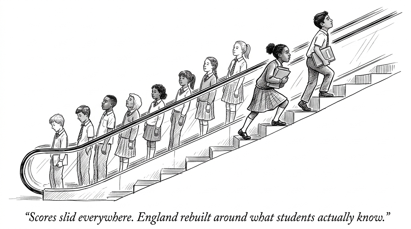 Image for &ldquo;Reading and Math Scores Fell by More Than a Year of Learning Across Wealthy Countries Since 2015. England Went the Other Way -- After Deliberately Ripping Out the Curriculum Everyone Else Kept.&rdquo;