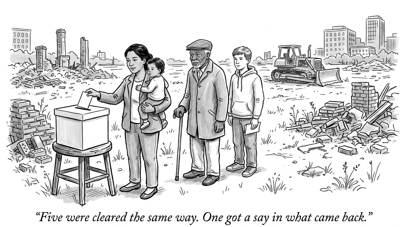 Image for &ldquo;Five American Neighborhoods Were Cleared the Same Way -- By Someone Else's Decision. Only One Got a Vote on What Came Back.&rdquo;