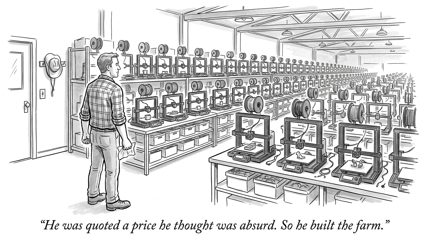 Image for &ldquo;A Cattle-Ranch Kid Turned Robotics Engineer Got Quoted a Price for 3D-Printed Parts He Thought Was Absurd. Instead of Paying It, He Built the World's Largest 3D-Printer Farm to Prove the Price Was Wrong.&rdquo;