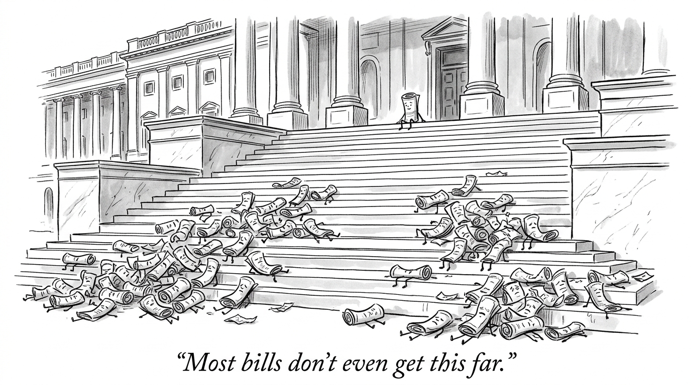 Image for &ldquo;In the Cartoon, the Bill Sits on the Capitol Steps, Goes to a Vote, and Either Passes or Doesn't. In 2025, Congress Introduced 11,815 Real Bills. 274 Became Law -- and Most Never Got the Vote the Cartoon Shows as the Whole Story.&rdquo;