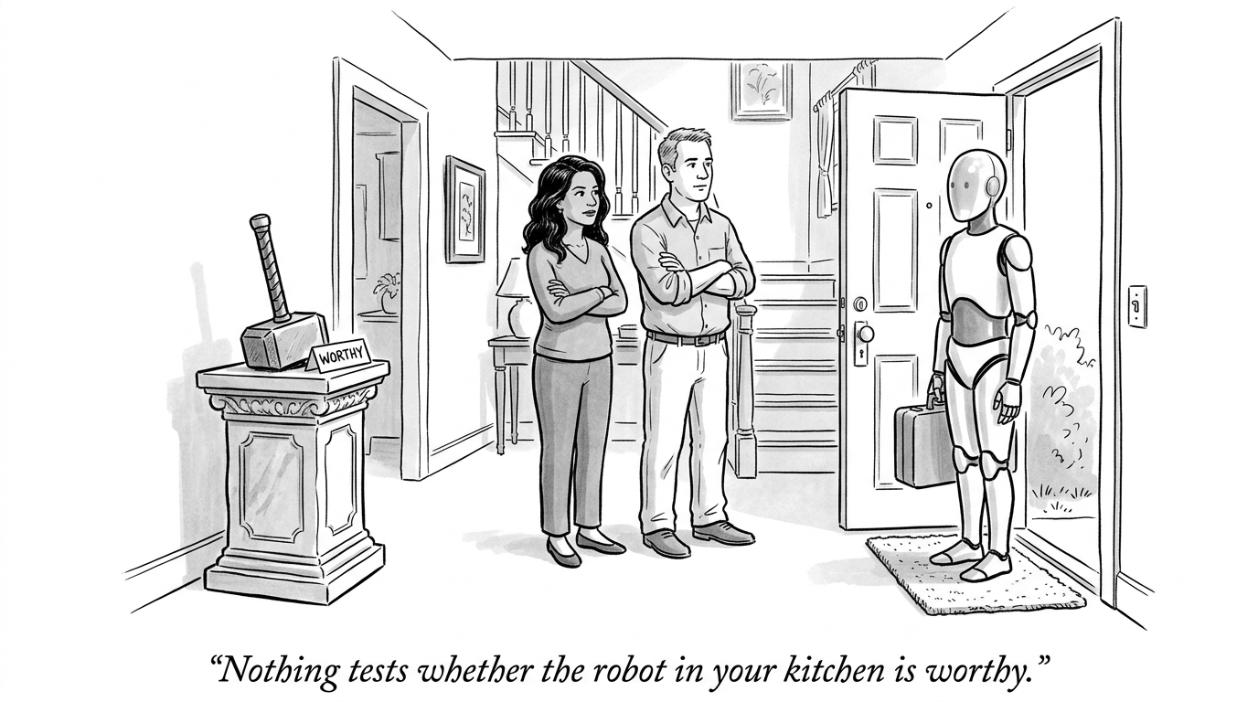 Image for &ldquo;Vision Can Lift Thor's Hammer. Most Humans Can't. There's No Equivalent Test for the Humanoid Robots Real Companies Are Now Shipping Into Actual Homes.&rdquo;