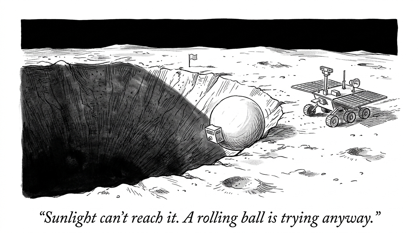 Image for &ldquo;The Moon's Most Valuable Real Estate Has Been Completely Dark for Billions of Years, and No Solar-Powered Rover Can Enter It. A $250,000 University Project Is Trying to Get In With an Inflatable Ball.&rdquo;