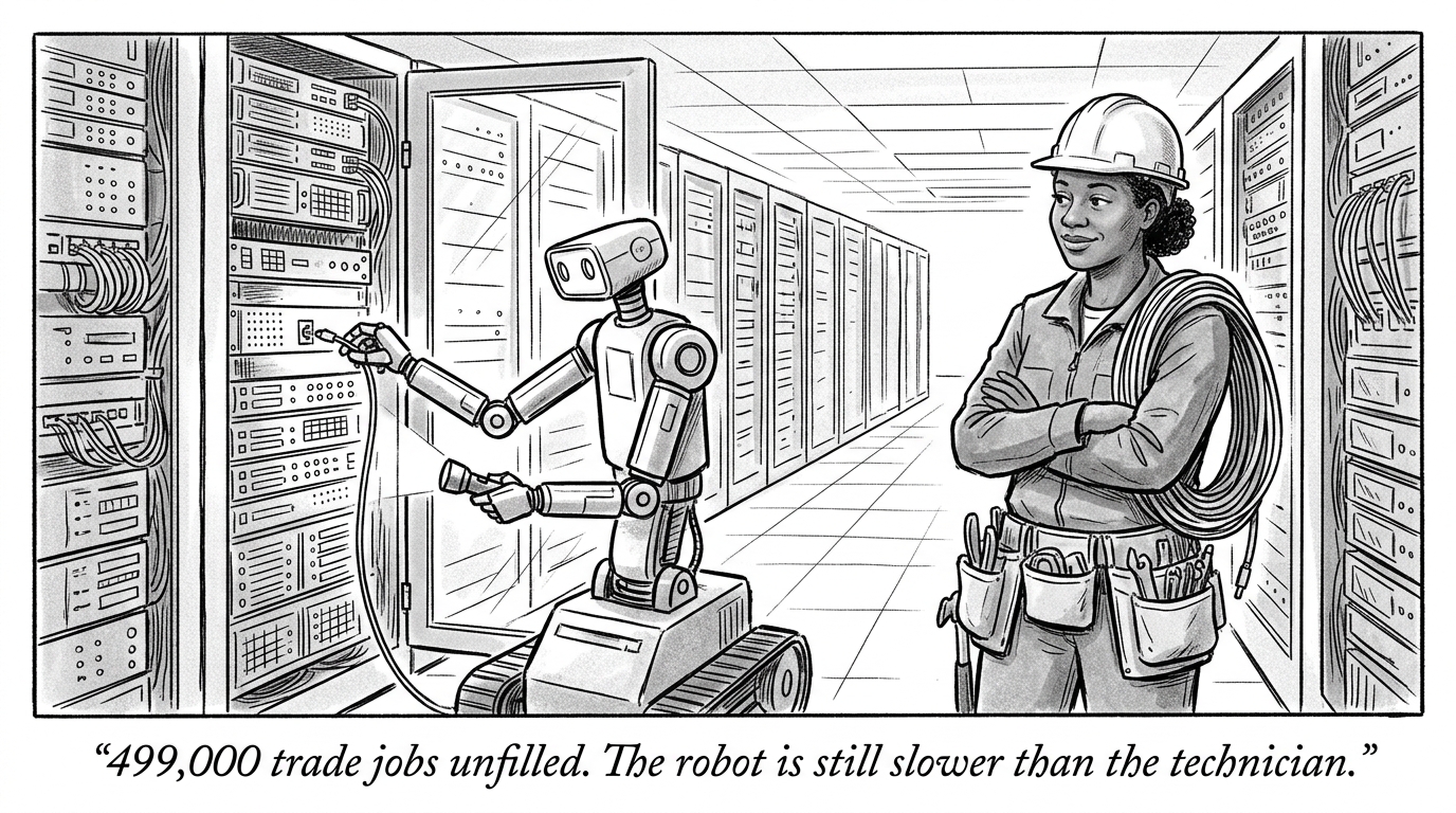 Image for &ldquo;Data Centers Have Roughly 499,000 Unfilled Skilled-Trade Jobs. Meta's Answer Is a Robot That's Still Slower Than the Technician It Might Eventually Replace. The Real Bottleneck Isn't the Robot Arm.&rdquo;