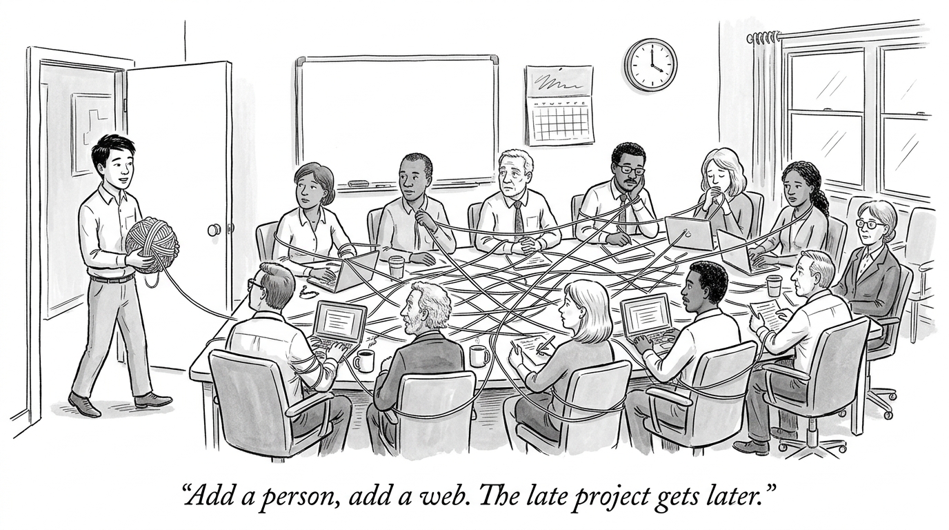 Image for &ldquo;A Team of 6 Has 15 Communication Channels to Manage. A Team of 50 Has 1,225. A 1975 Book Explained Why Adding People to a Late Project Makes It Later -- and Named the Fix Nobody Wanted to Hear: Build Something You Plan to Throw Away.&rdquo;