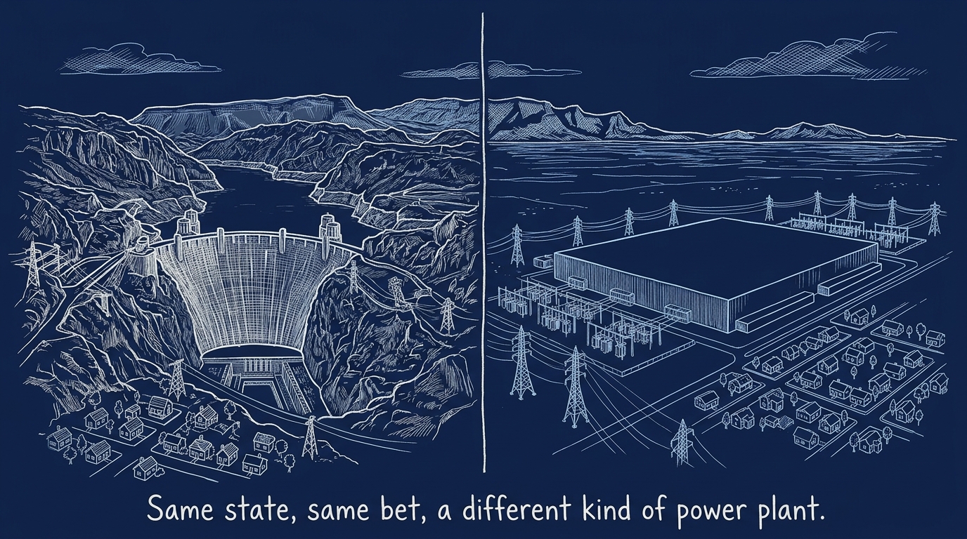 Image for &ldquo;Nevada Built an Entire City to House Hoover Dam's Workers in 1931. In 2014, It Gave Tesla $1.3 Billion to Build a Different Kind of Power Plant.&rdquo;