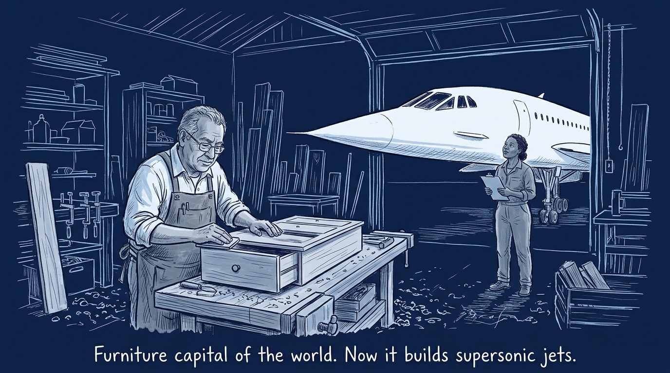 Image for &ldquo;Half of America's Furniture Was Once Made Within 150 Miles of High Point, North Carolina. Now the Same Region Is Building the First Supersonic Jet Since Concorde and Toyota's Only Battery Plant Outside Japan.&rdquo;