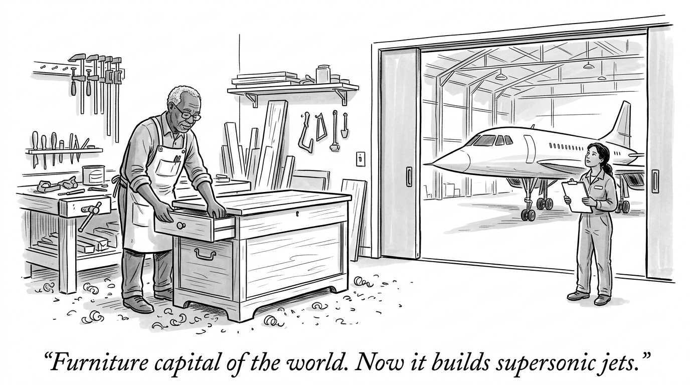Image for &ldquo;Half of America's Furniture Was Once Made Within 150 Miles of High Point, North Carolina. Now the Same Region Is Building the First Supersonic Jet Since Concorde and Toyota's Only Battery Plant Outside Japan.&rdquo;