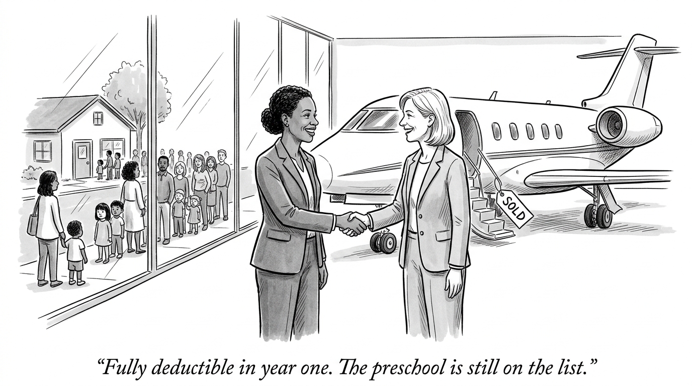 Image for &ldquo;A $100 Million Private Jet Can Be Fully Deducted in Its First Year Under a 2025 Tax Law, Worth About $21 Million in Tax Savings. Head Start's Entire Federal Budget Grew $85 Million for All of 2026, Below Inflation -- and a Fox News Co-Host Keeps Making That Exact Comparison, on Air and on Her Own Podcast.&rdquo;
