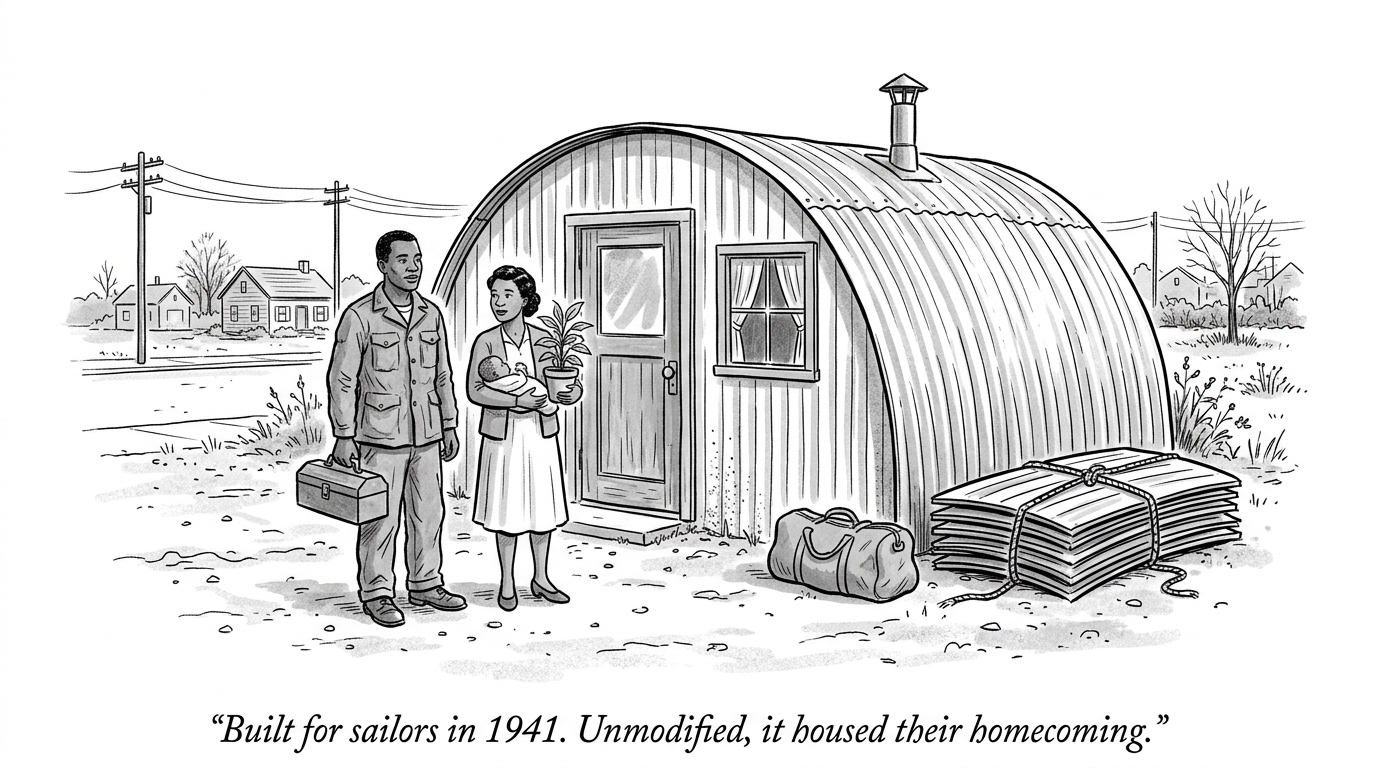 Image for &ldquo;The Navy Designed a Semicircular Steel Hut in 1941 So Sailors With No Training Could Build It Anywhere. In 1946, 600 Veterans Showed Up to a Single Sale and Claimed 811 of Them for Housing.&rdquo;