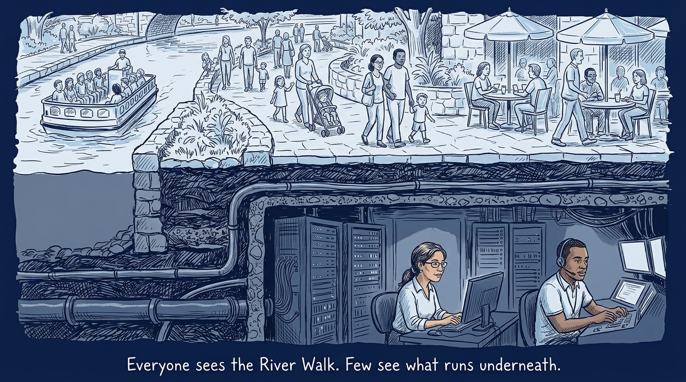 Image for &ldquo;San Antonio Is the River Walk and the Border. Underneath Both Sits Thirty Years of Invisible Commerce — a Company Almost Nobody's Heard Of, a University Nobody Credits, and Now the Largest State Cyber Department in America.&rdquo;
