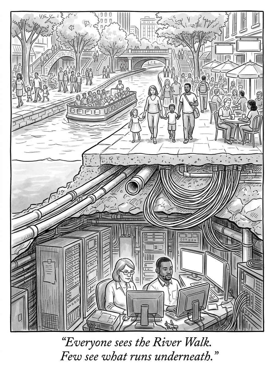 Image for &ldquo;San Antonio Is the River Walk and the Border. Underneath Both Sits Thirty Years of Invisible Commerce — a Company Almost Nobody's Heard Of, a University Nobody Credits, and Now the Largest State Cyber Department in America.&rdquo;