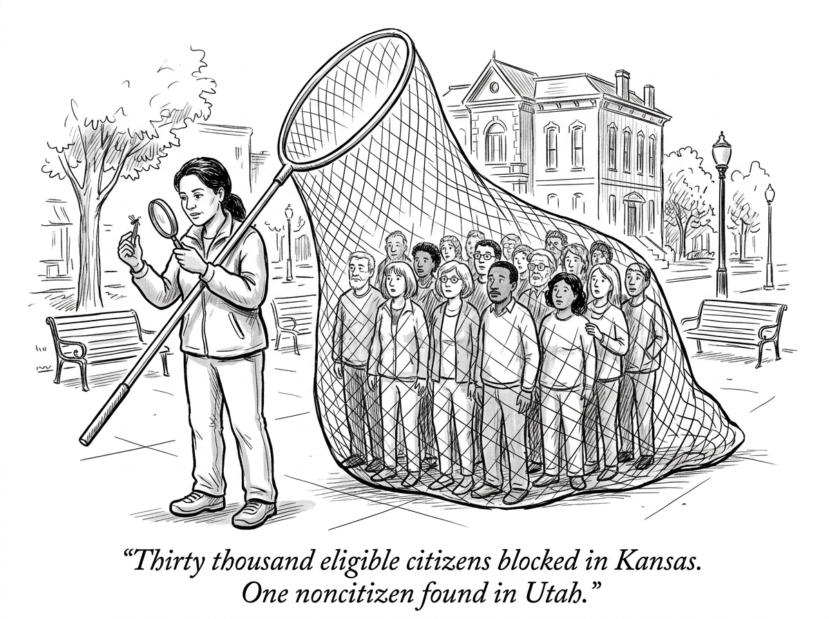 Image for &ldquo;A 2018 Kansas Law Requiring Proof of Citizenship to Vote Blocked More Than 30,000 Eligible Americans Before a Court Struck It Down. Utah Ran the Same Citizenship Check on 1.8 Million Voters in 2025 and Found One Noncitizen. The SAVE Act Would Apply That Standard Nationally, Against 21 Million Citizens Who Lack the Paperwork.&rdquo;