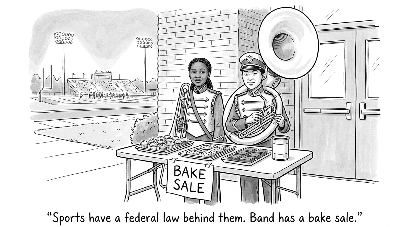 Image for &ldquo;A Federal Law Requires Public Schools to Fund Boys' and Girls' Sports Equally. No Law Requires Funding Band or Art at All. One California High School's Band Program Covers 77% of Its Own Budget Through Bake Sales and Ticket Sales.&rdquo;