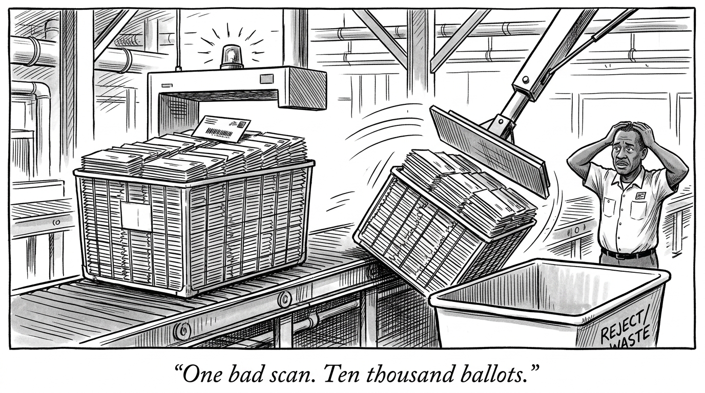 Image for &ldquo;One Failed Barcode Scan Can Reject an Entire Batch of 10,000 Mail Ballots. The Same Postal Service Is Cutting Rural Delivery Trips. The US Has Closed 27,000 Polling Places Since 2012. Three Different Mechanisms, the Same Voters Absorbing All Three, Heading Into 2026.&rdquo;