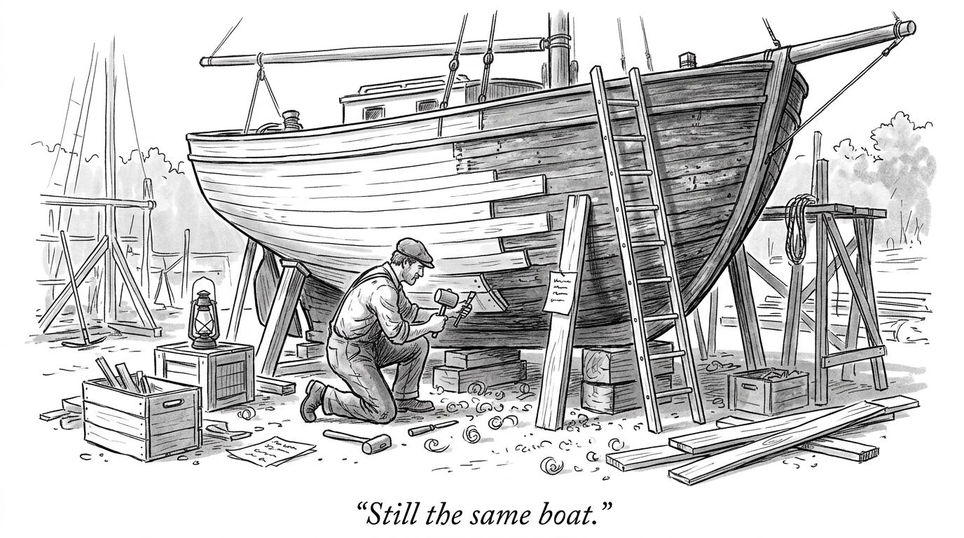 A shipwright kneeling beside an old wooden sailboat on blocks, half its hull in new pale planks and half in dark weathered ones