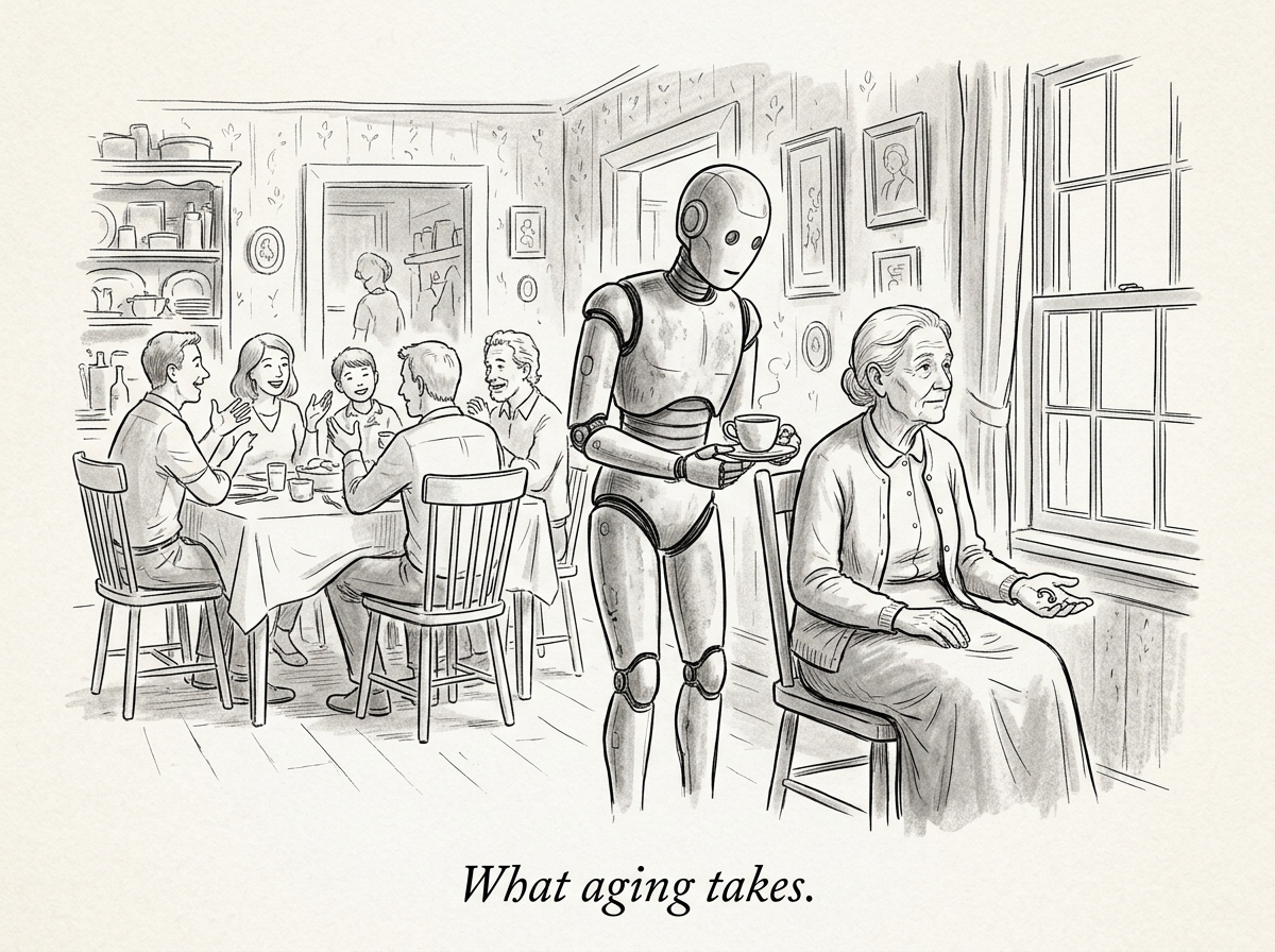 A woman in her late years sits by a farmhouse window with a hearing aid in her open palm while a family laughs at a table behind her and a robot offers her a cup of tea